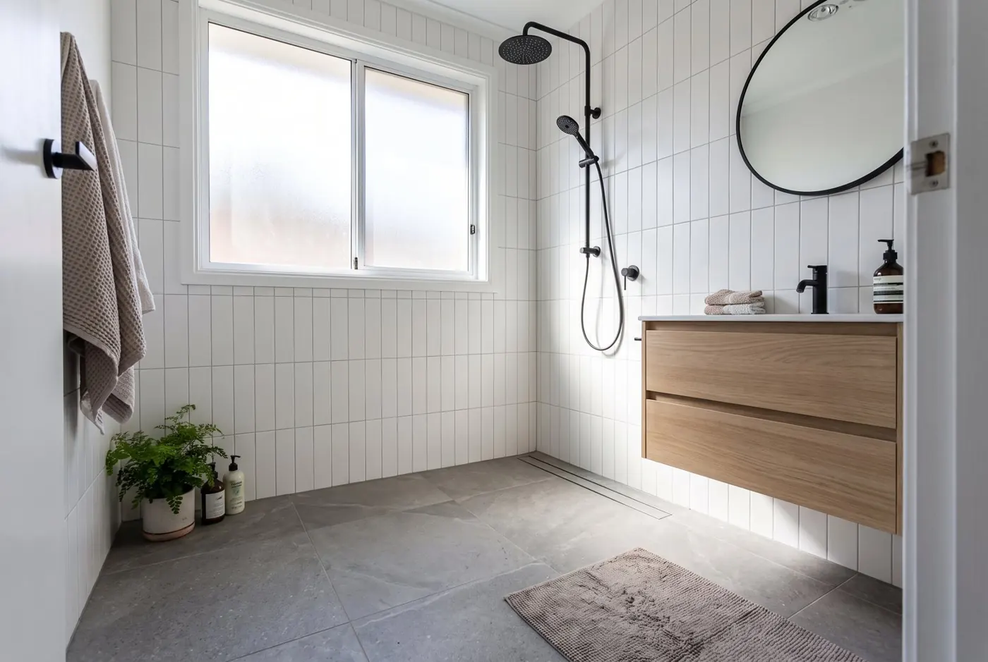 A finished walk-in shower after a bathroom remodel